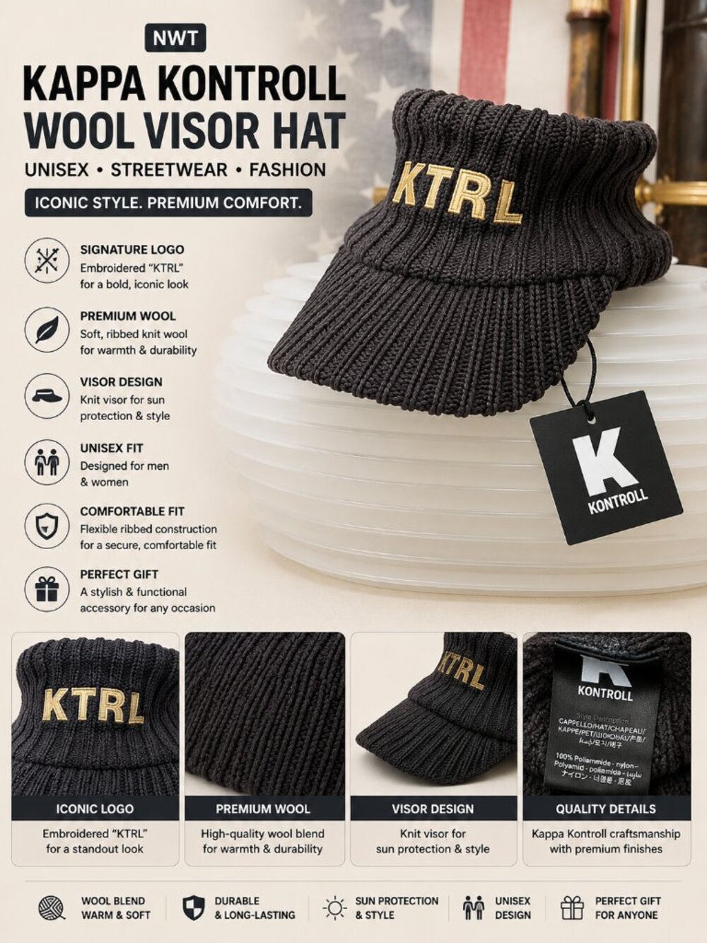 NWT Kappa Kontroll Wool Visor Hat Unisex Logo Fashion Cap Streetwear